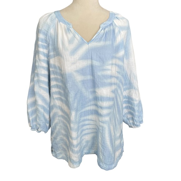 Soft Surroundings Tops - Soft Surroundings Floral White Blue Sky Top XL Ruched V-Neck Cottagecore Blouse